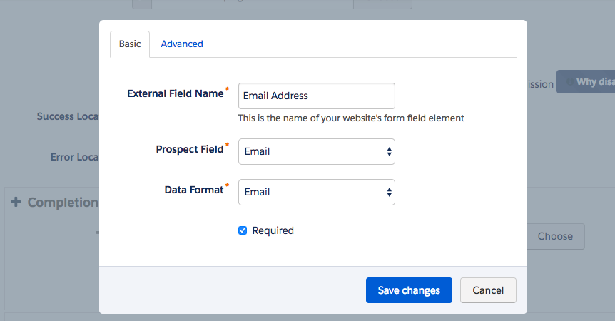 Pardot integration external field name