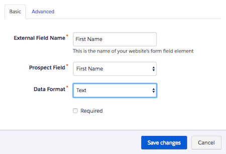 Pardot integration first name external field name