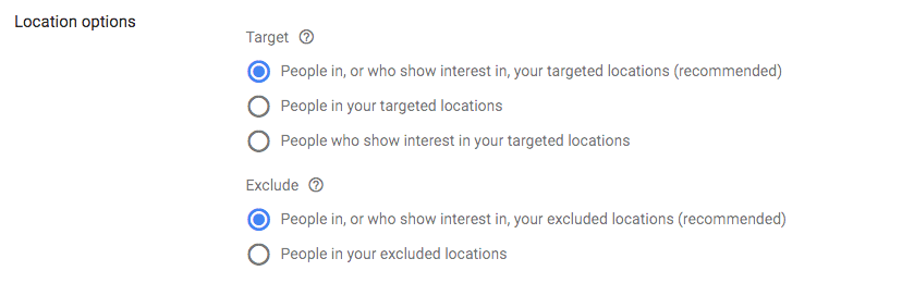 selecting location options for Google Ads display advertising campaign