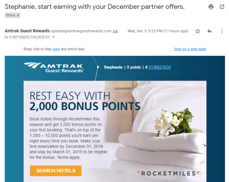 hospitality marketing Amtrak email offer