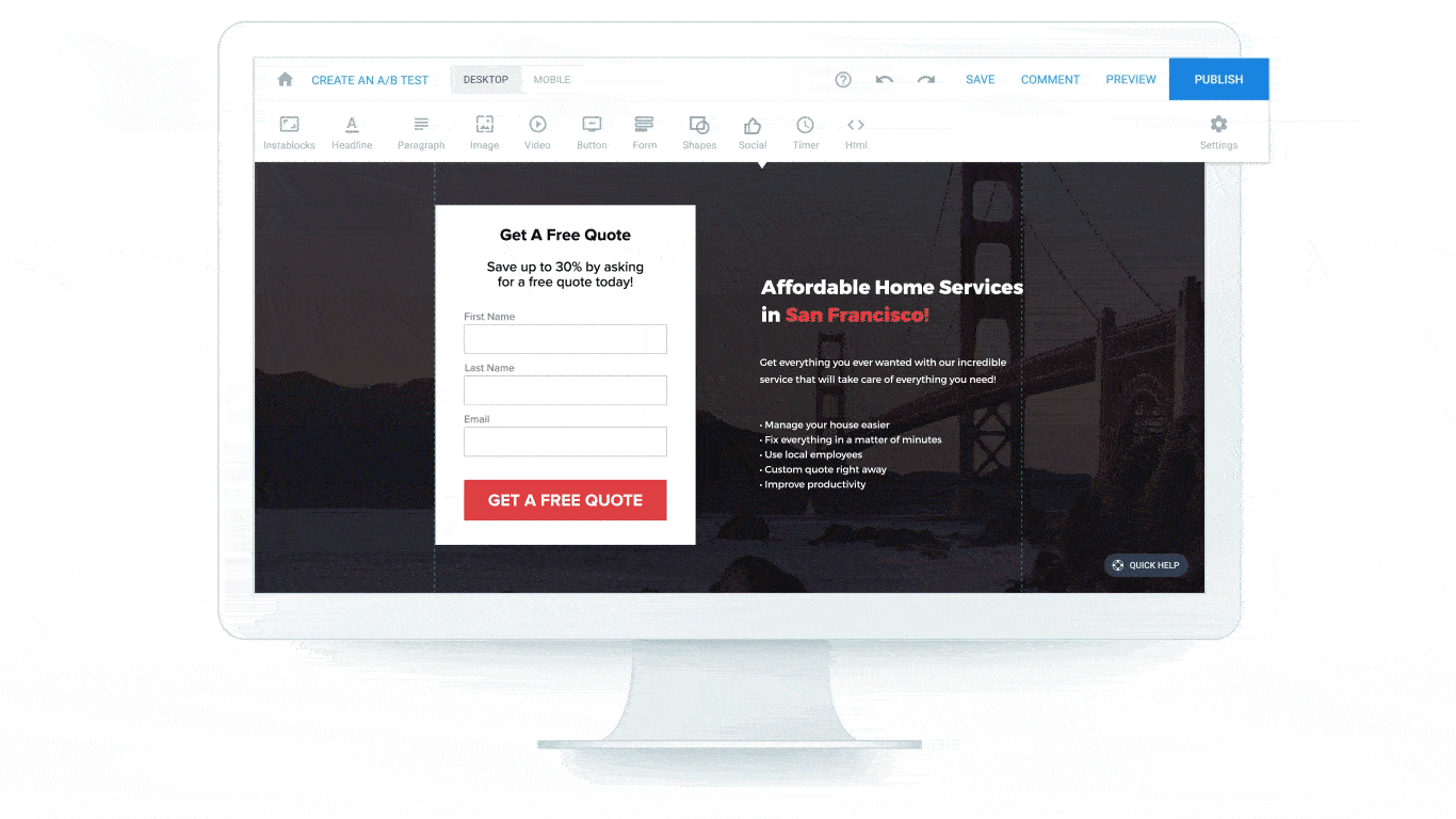 A/B testing homepage Instapage builder