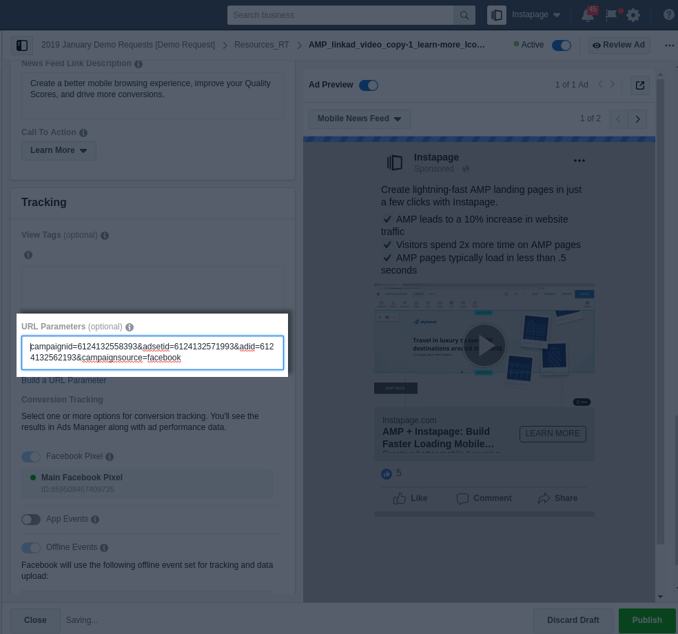 Facebook Ads Manager URL parameters