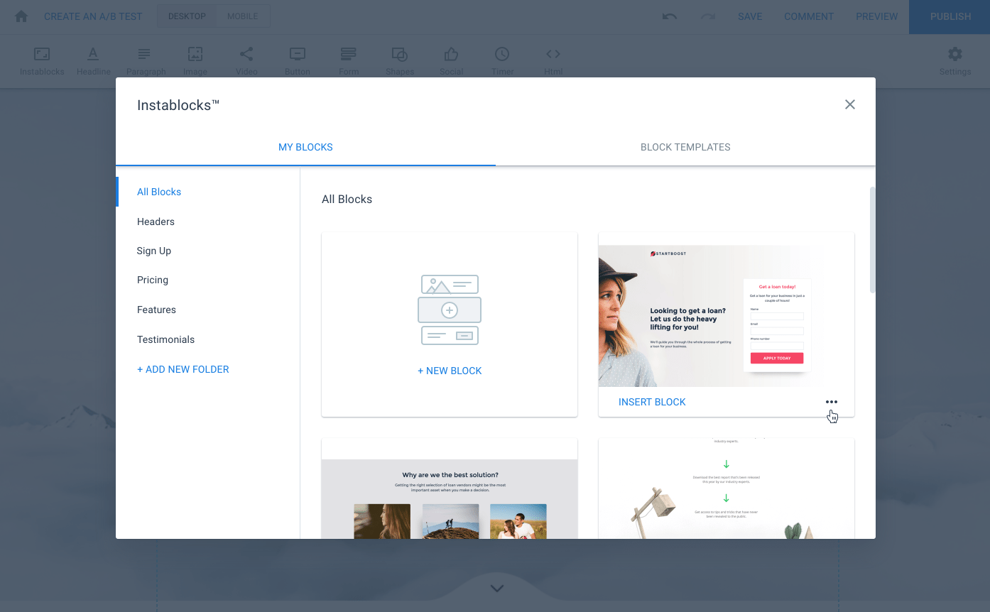scale post-click landing pages Instablocks