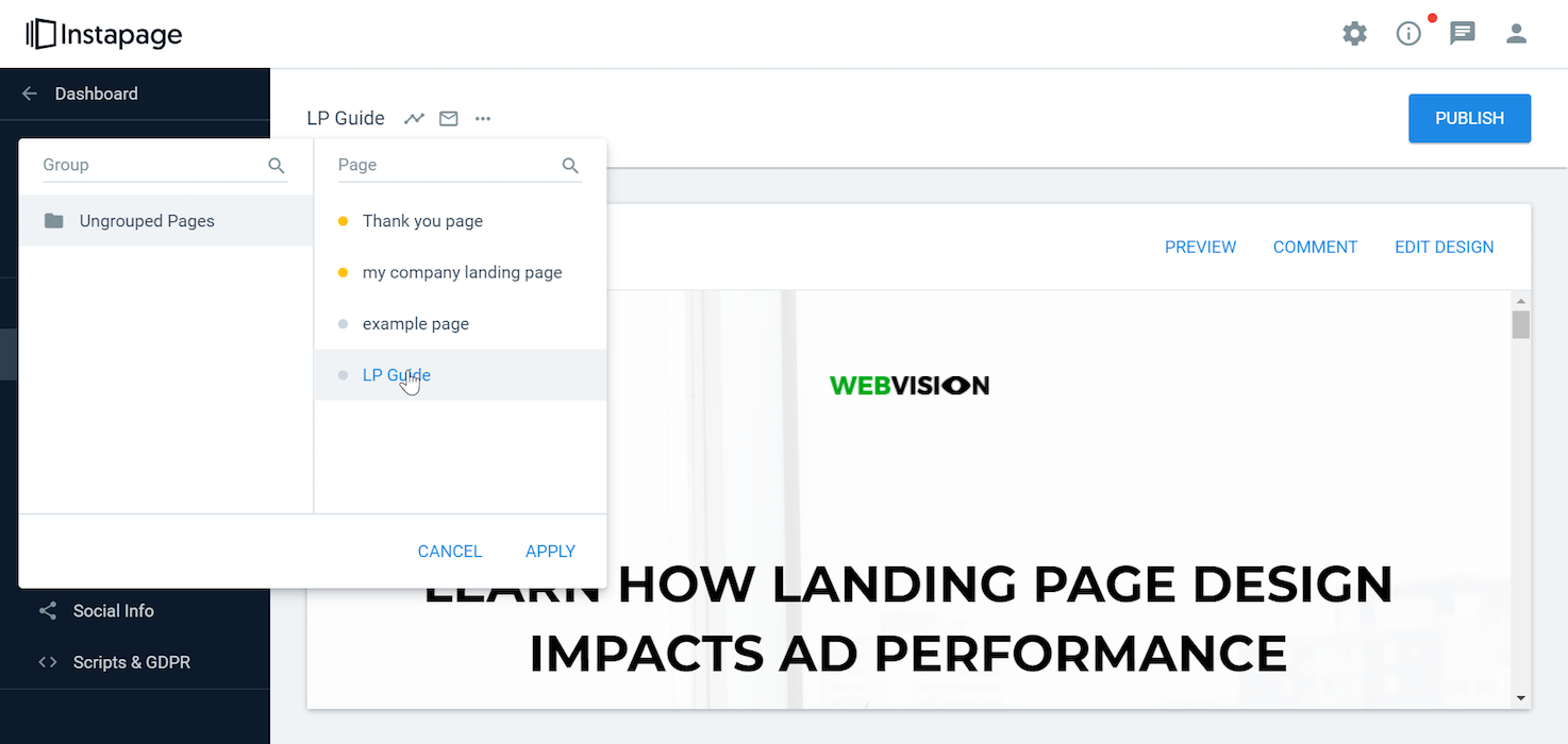Instapage A/B testing step 1