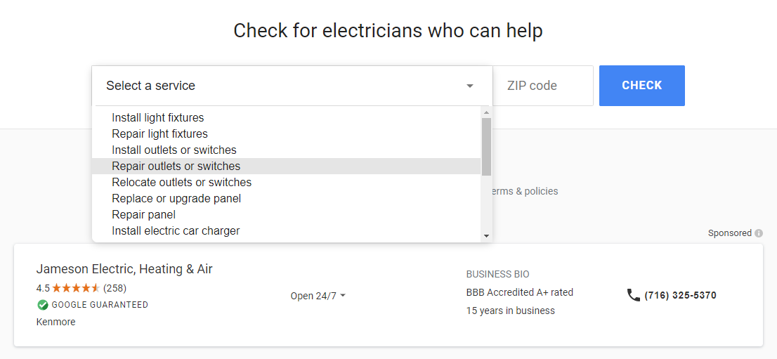 Google Local Service Ads example dropdown