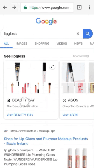 Showcase Shopping ads example lip gloss