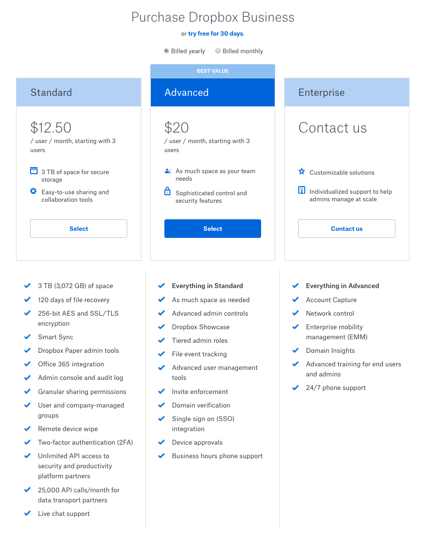 Dropbox landing page pricing