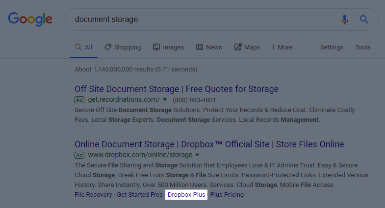 Dropbox paid search ad example extension