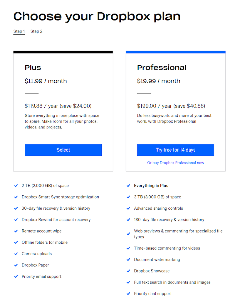 dropbox business standard pricing