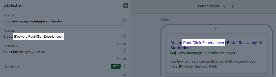 dynamic keyword insertion mobile example