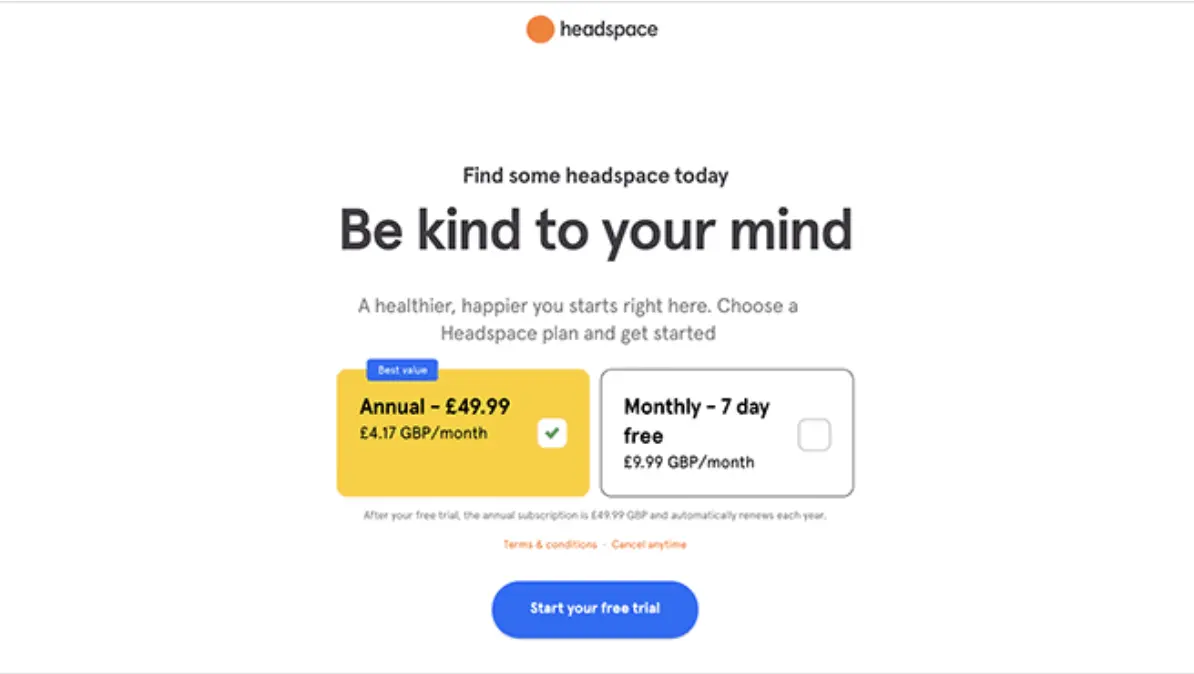 This image shows Headspace free trial screenshot