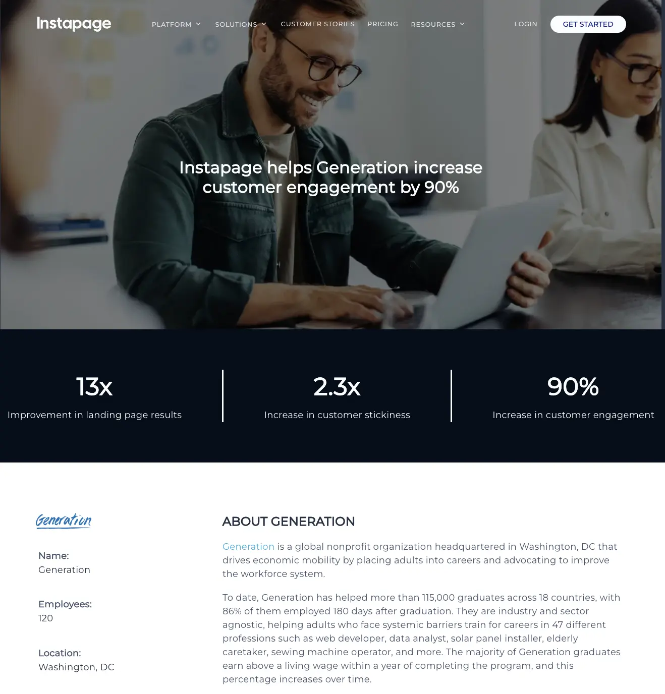 Instapage customer story for Generation