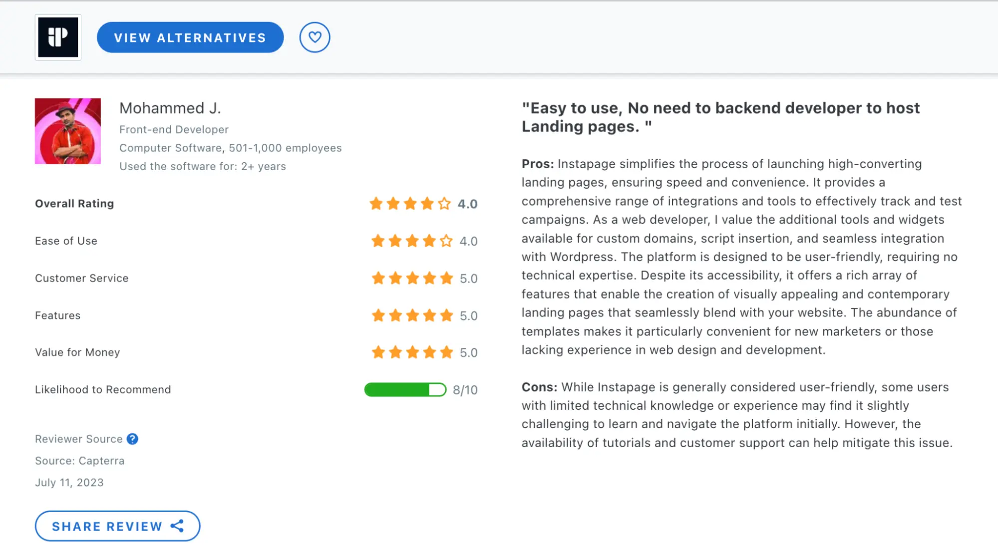 This image dempnstrates Instapage user review on Capterra