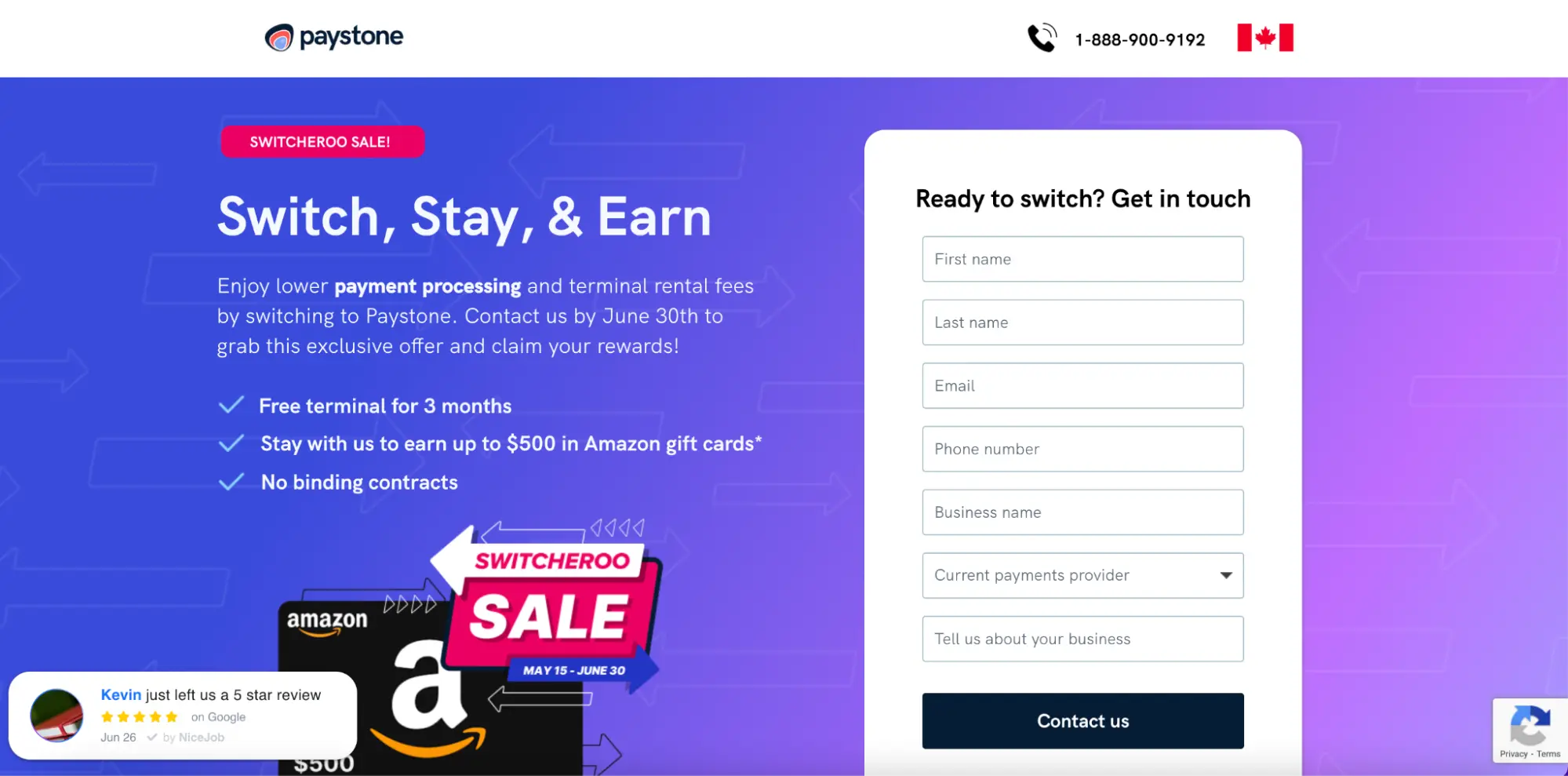 Paystone landing page lead form screenshot