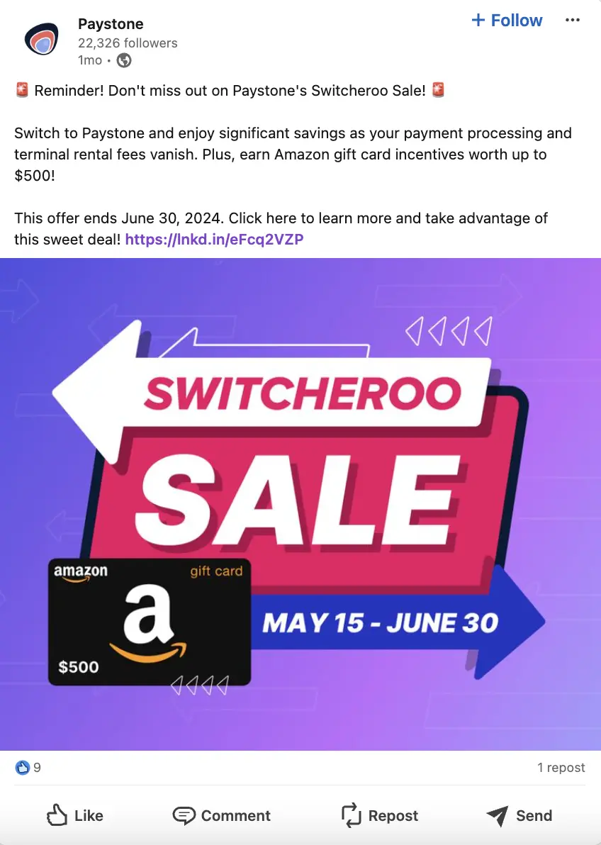 This image shows a screenshot of Paystone LinkedIn ad