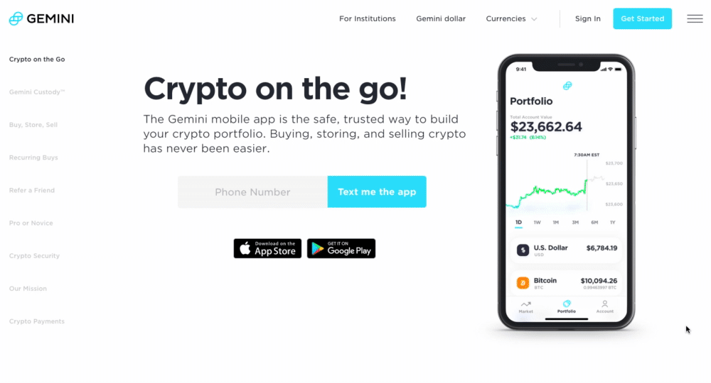 Gemini bitcoin homepage