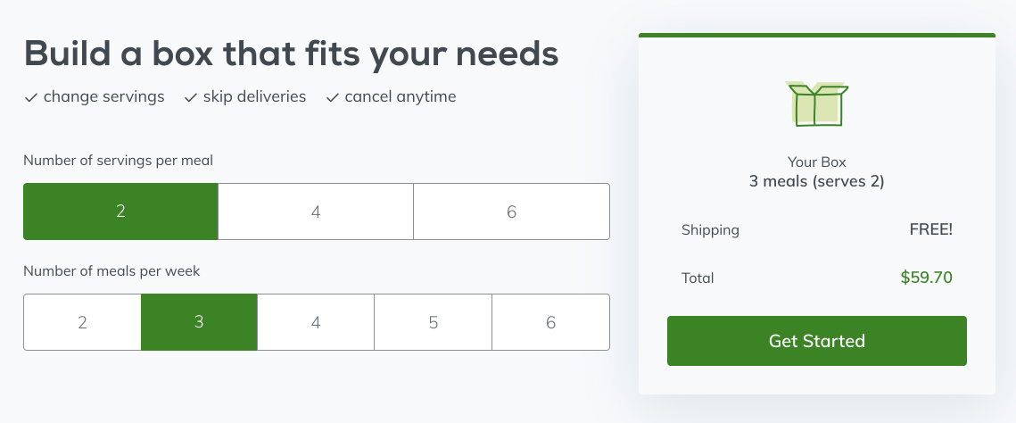 Home Chef subscription box post-click landing page