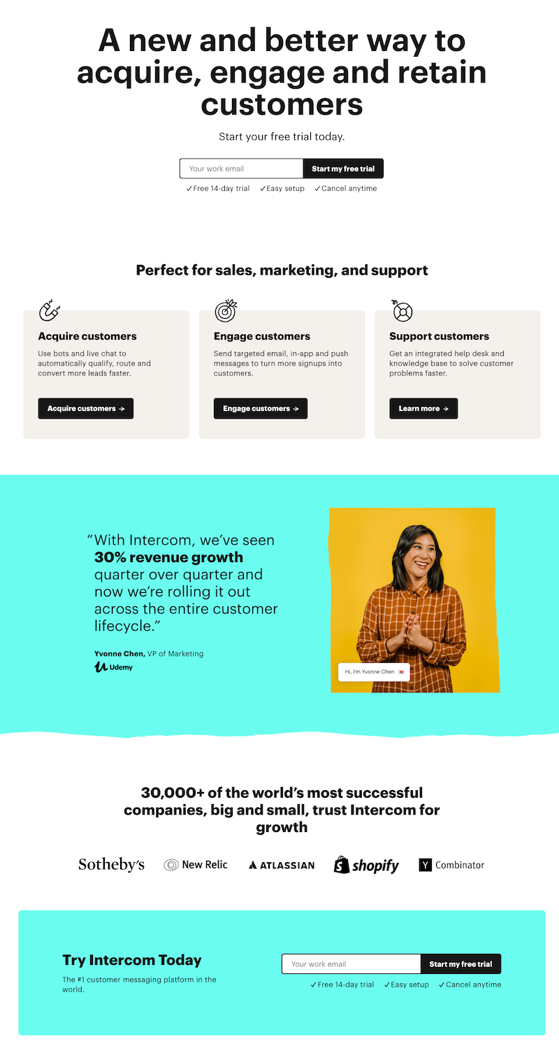 Intercom paid search landing page