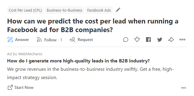 Quora ads question targeting example