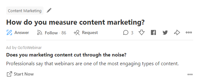 Quora ads targeting keyword example