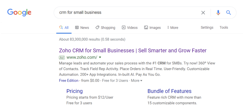 Zoho CRM Google paid search example