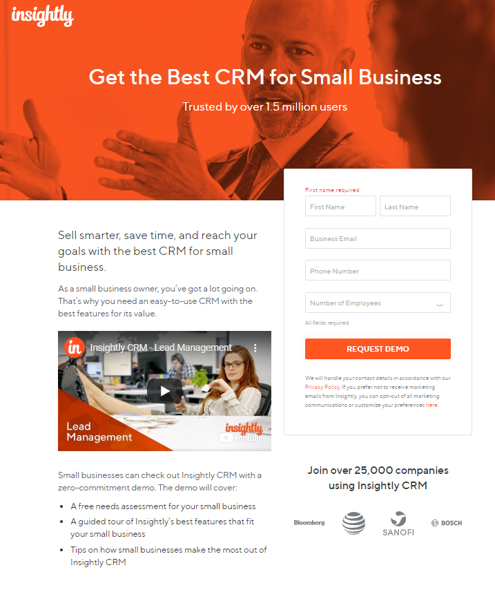 product landing page Insightly CRM