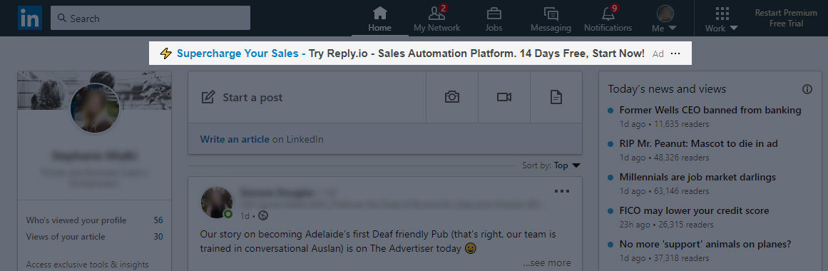 This image shows limited LinkedIn ad placements 