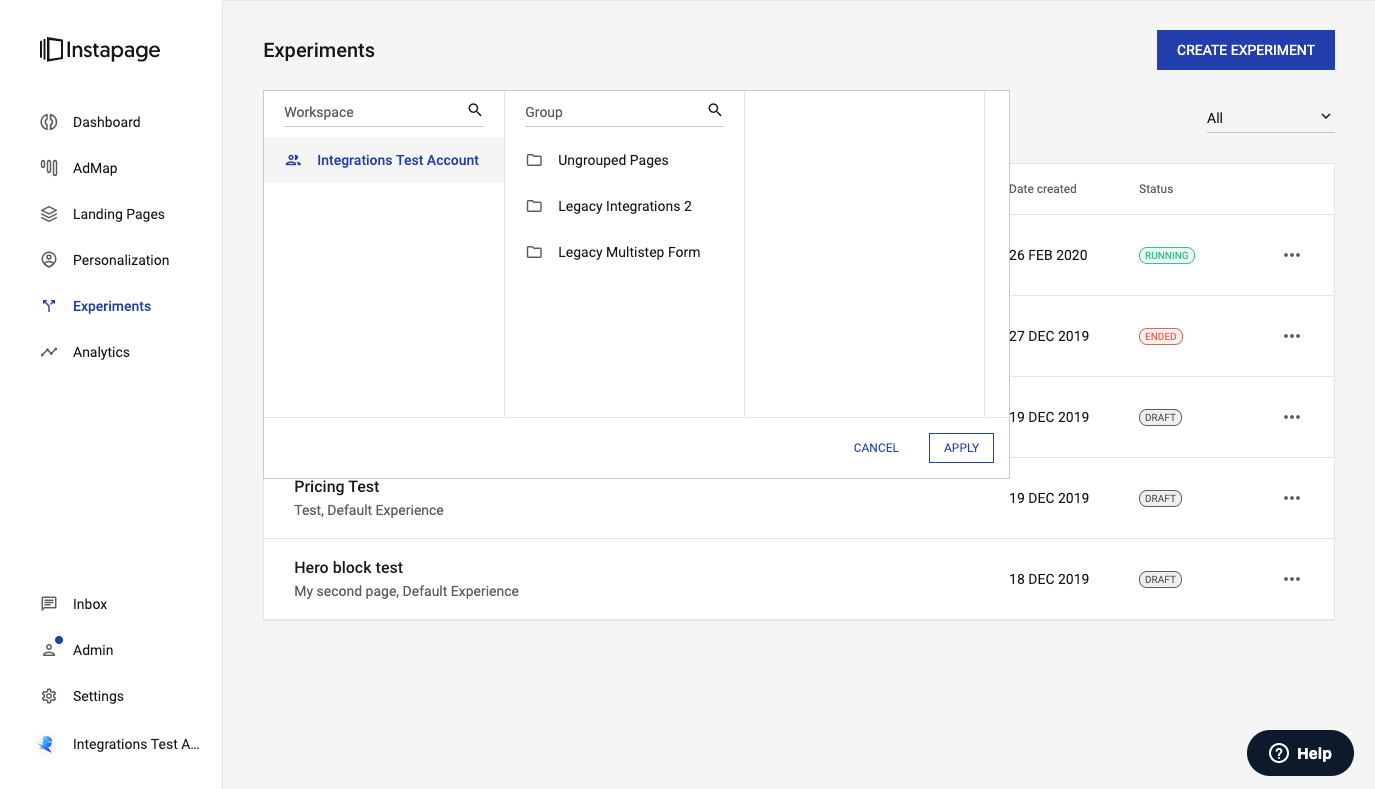 Instapage Experimentation workspace group filter