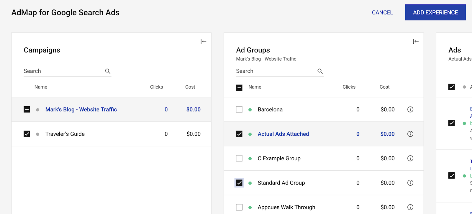 AdMap bulk connections selection