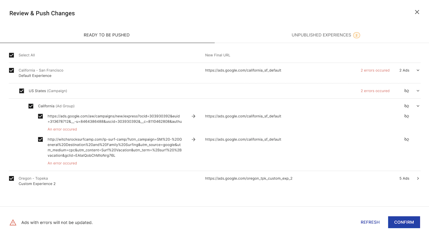 Instapage AdMap sync error handling