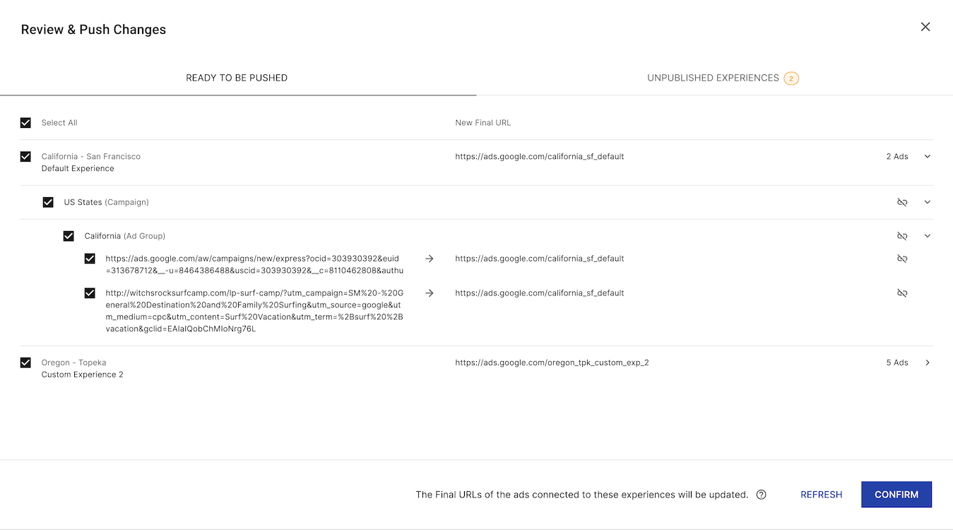 Instapage AdMap sync standard view