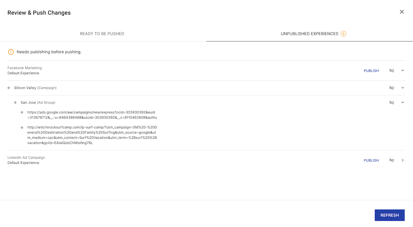 Instapage AdMap sync unpublished experiences