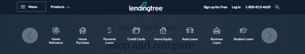 LendingTree homepage products tab