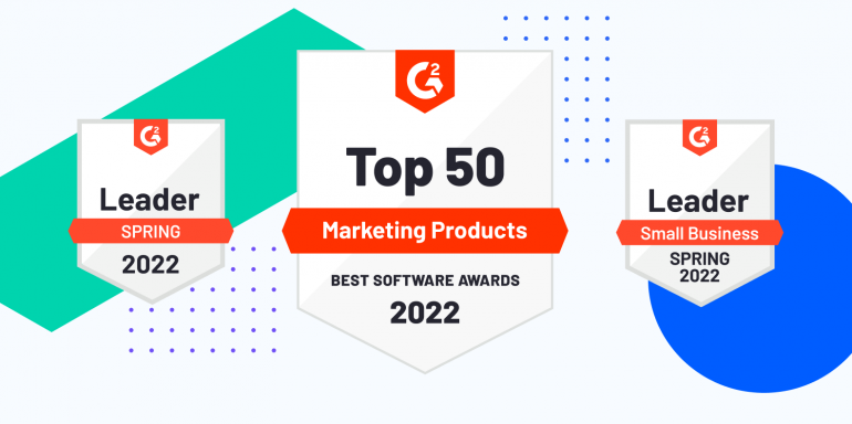 G2 Grid Awards announcing Instapage as a top marketing product, top small business product, and a leader in G2 spring 2022