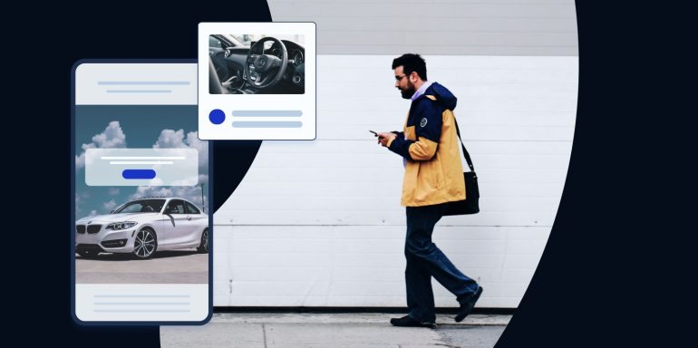 Person looking at phone sees a mobile Facebook ad, clicks, and then goes to the brand landing page