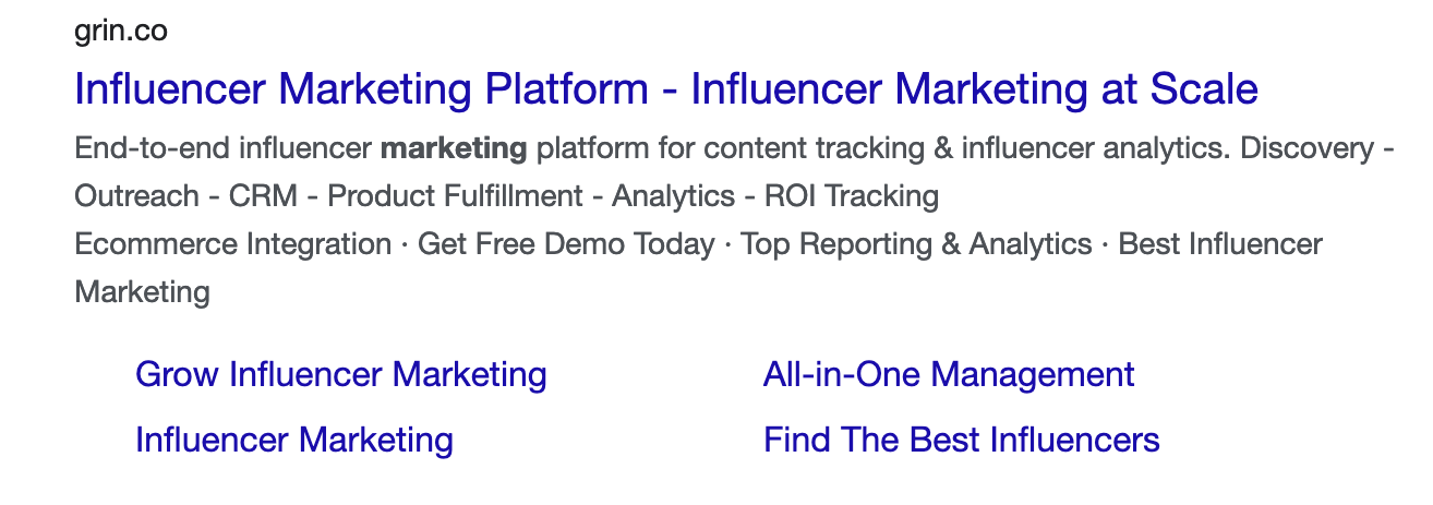 This image shows Grin search ad example.