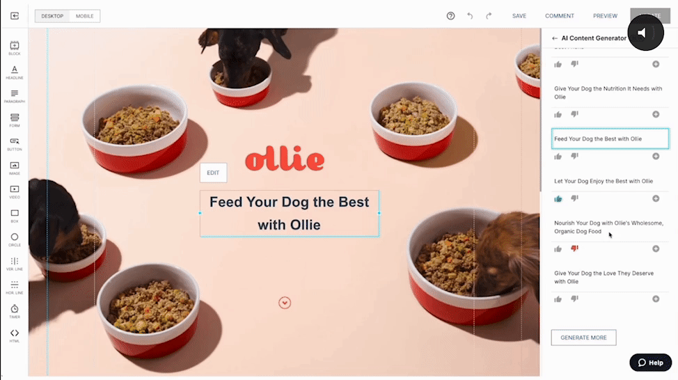 This image shows Instapage AI content generation tool.