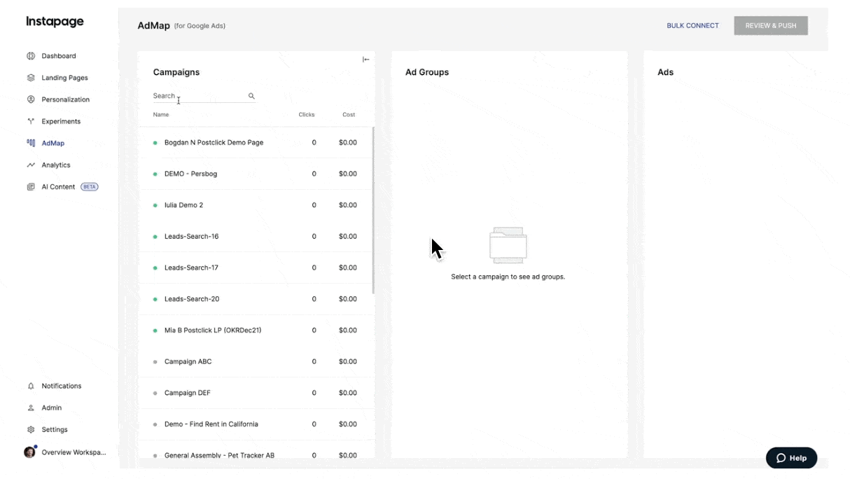 This image shows the Instapage AdMap feature visualisation