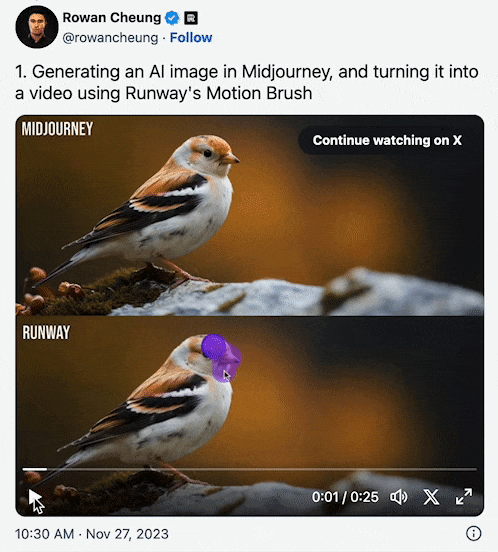 Picture shows generating an Al image in Midjourney, and turning it into a video using Runway`s Motion Brush.