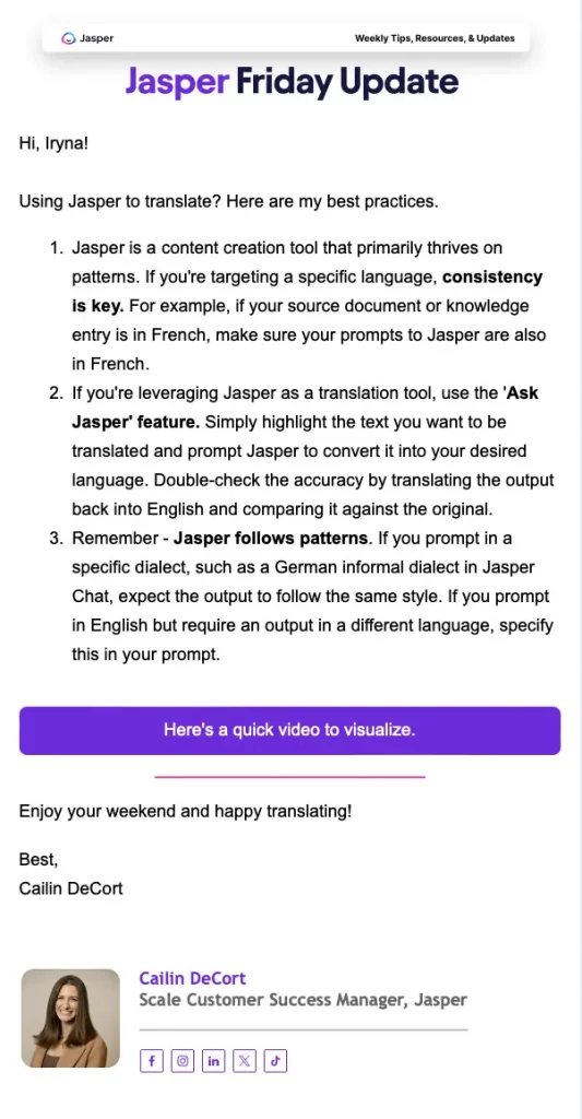 Picture shows jasper personalized email marketing example.