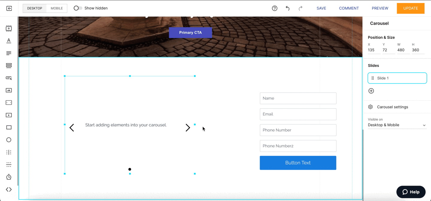This image shows step-by-step instructions on how to add a carousel to your landing page using the Instapage app.