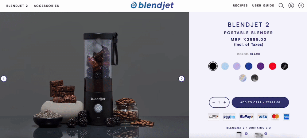 This image shows the homepage header leading to different pages and a lengthy listing of portable blender options, with a substantial footer featuring links to other products and user guides.