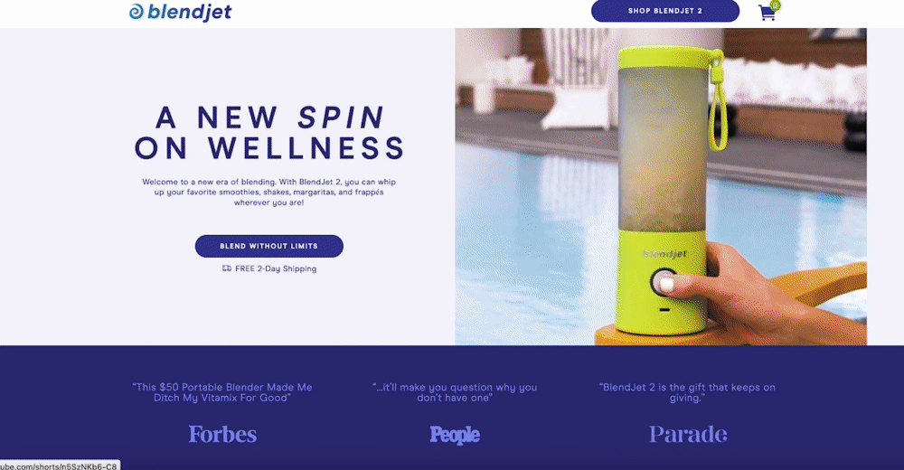 This image shows the Blendjet landing page highlighting user-generated content, FAQs, customer testimonials, and a comparison chart, all in a distraction-free layout.