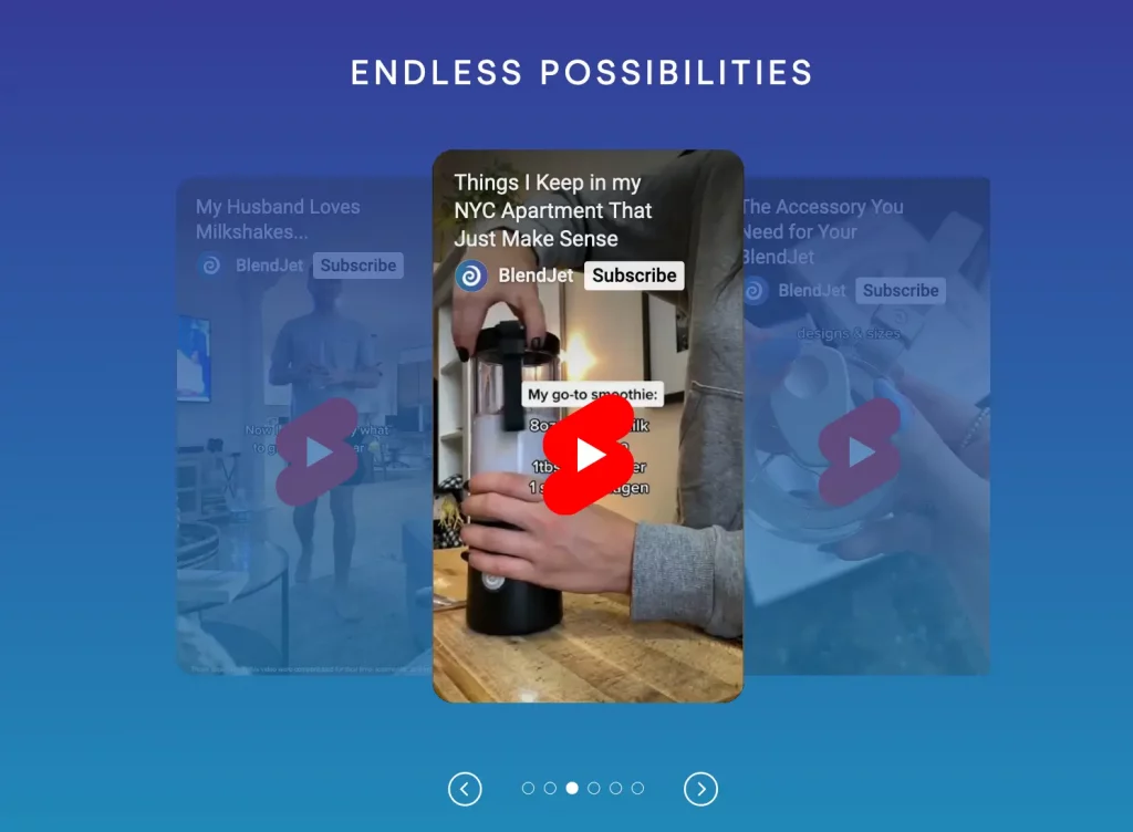 This image shows the Blendjet landing page utilizing a carousel to showcase how customers use the portable blender.