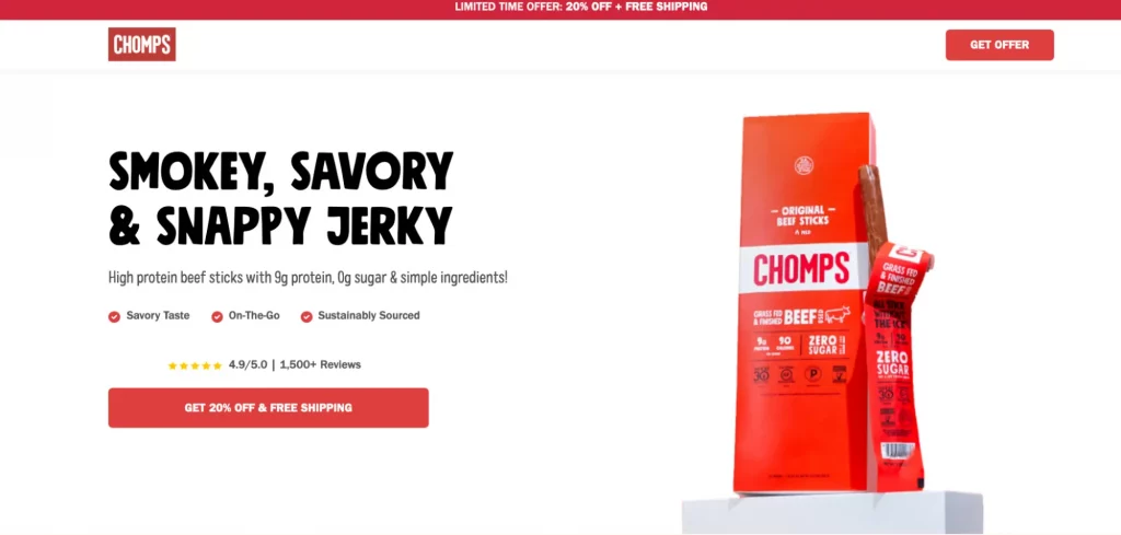 This image shows Chomps website featuring an excellent example of a prominent, attention-grabbing call-to-action button that stands out to attract visitor attention.