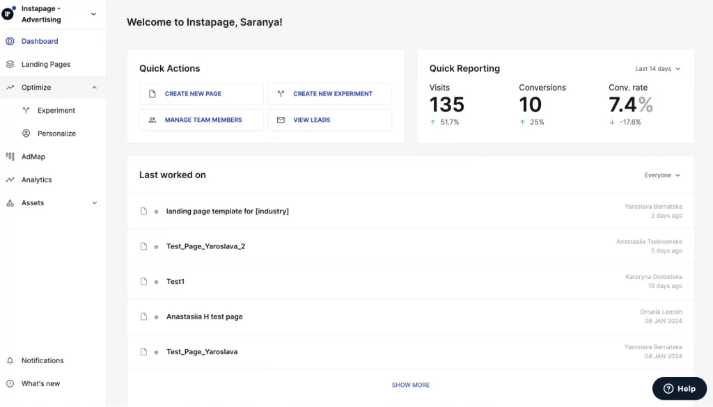 This image shows the features of the new home page dashboard designed to help users achieve success by enabling faster page creation and providing real-time performance data.