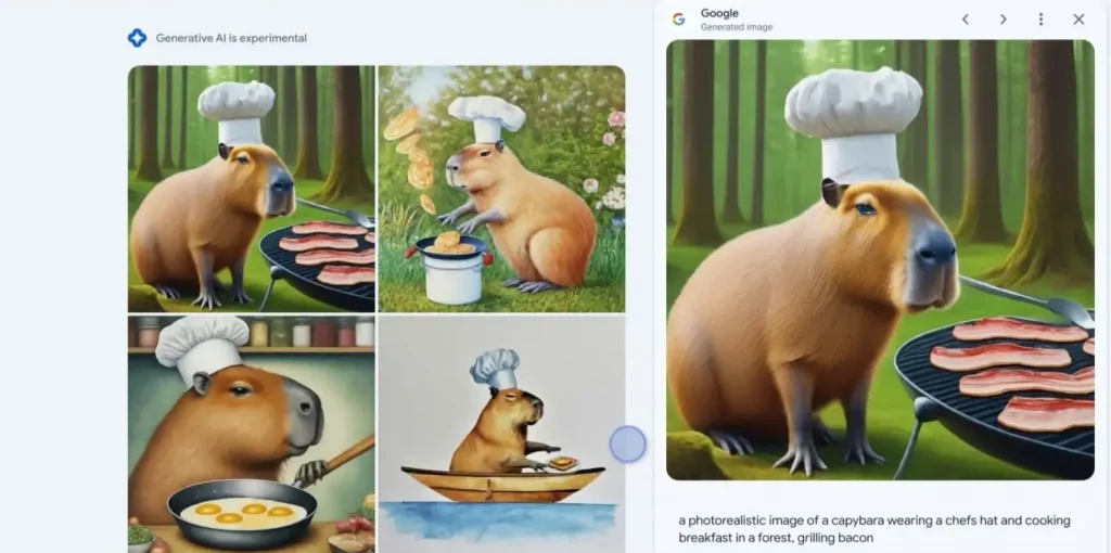 This image shows a demonstration of Google Search Generative Experience, allowing users to generate images directly from the search bar based on text prompts. The images are labeled with metadata and embedded watermarking to indicate that they are AI-generated.