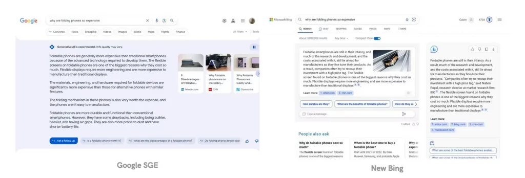 This image shows a comparison between Google SGE and Bing generative search experiences, highlighting differences in presentation and content structure.