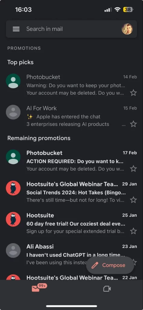 This image shows an example of an ad appearing in the Social tab of Gmail feed, triggered by a recent visit to Hootsuite's website, demonstrating Google's automation of ad optimization to reach relevant users with personalized creative and messaging.