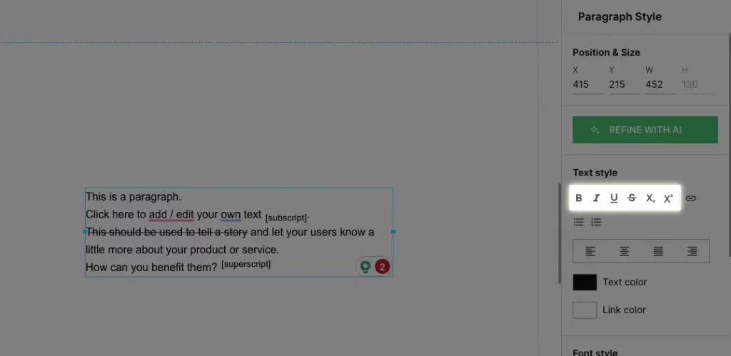 This image shows Instapage New features: superscript, subscript strikethrough.